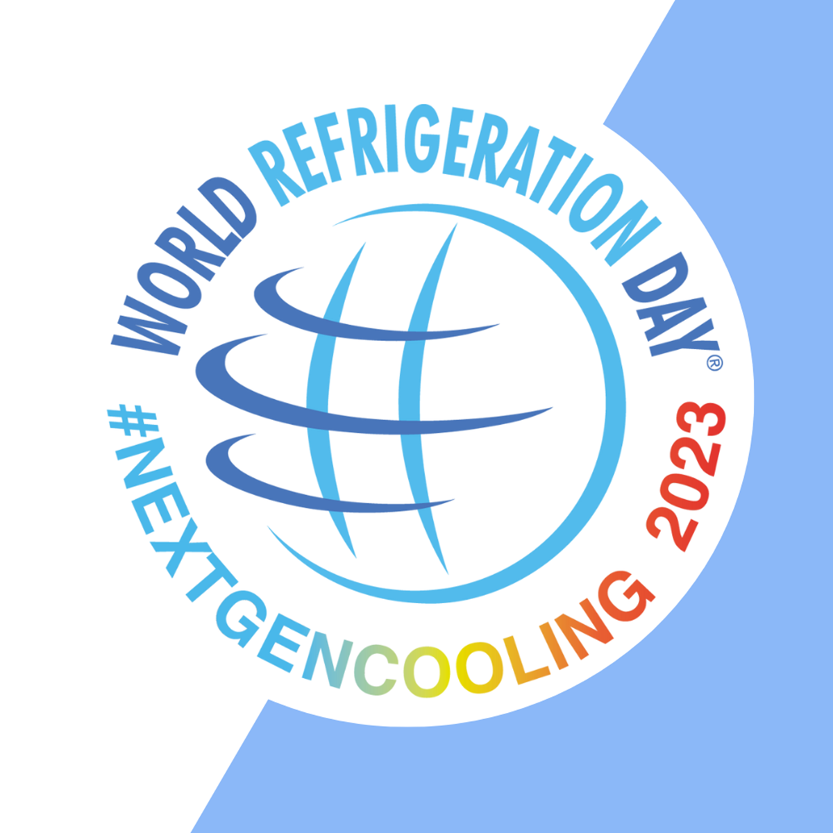 The circular World Refrigeration Day logo with the 2023 theme on a blue and white background