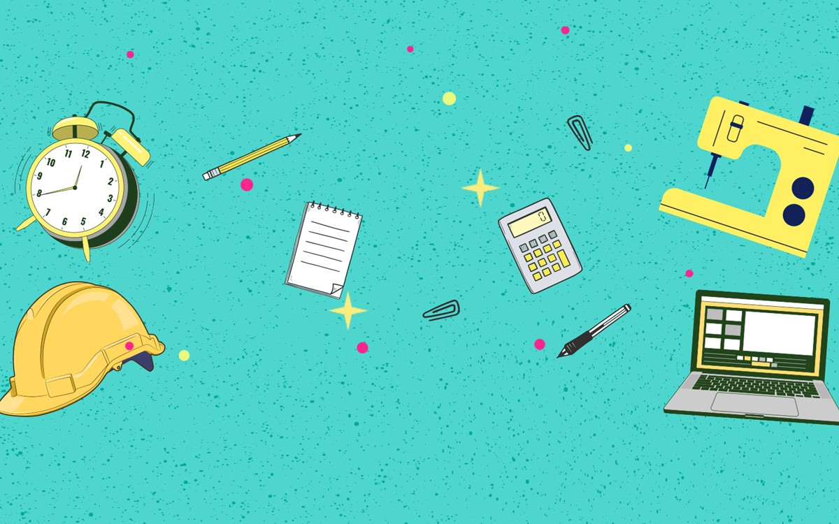 A banner image with animated pieces of work equipment on a green background