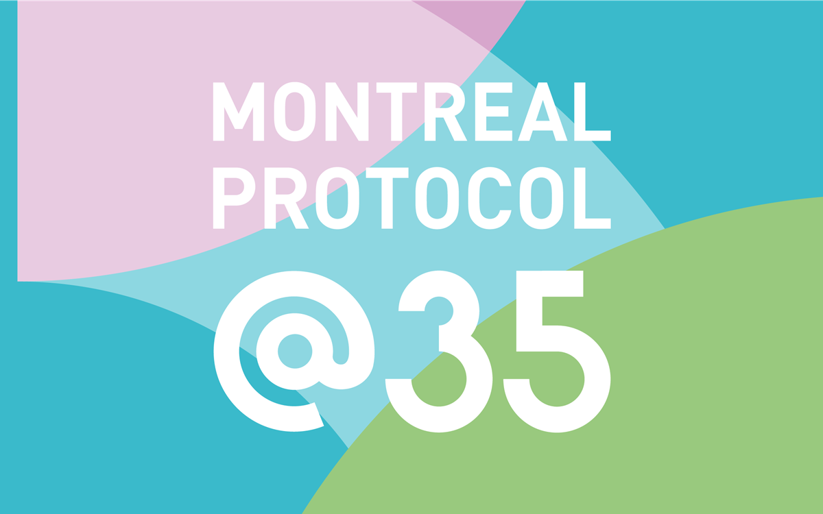 The words "Montreal Protocol @ 35" in white text on a blue, pink and green background