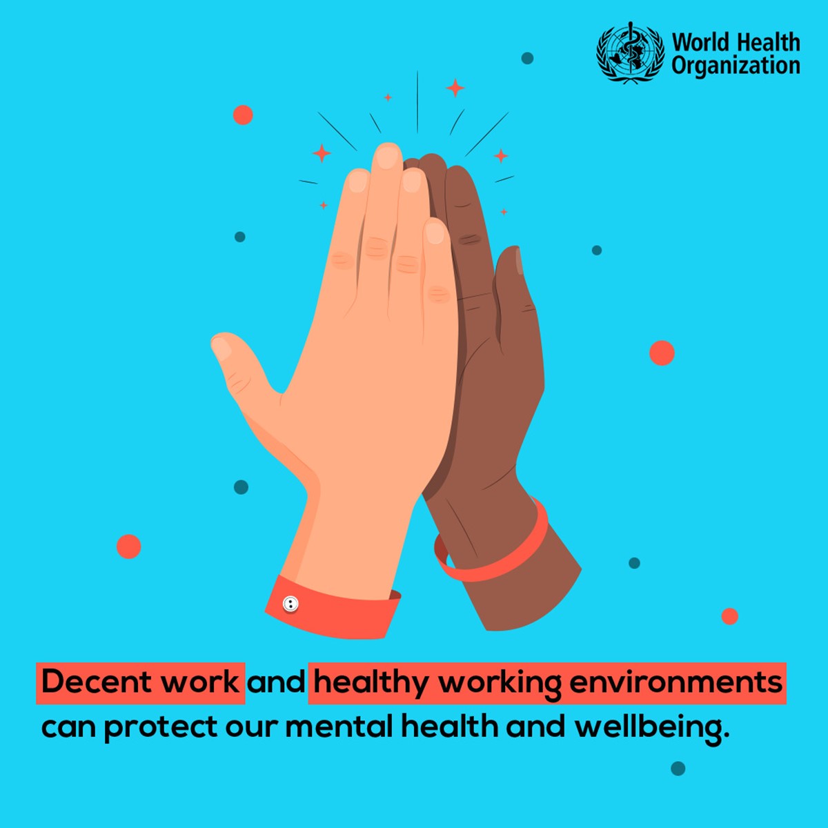 A blue tile featuring the World Health Organisation logo and a graphic of hands and text